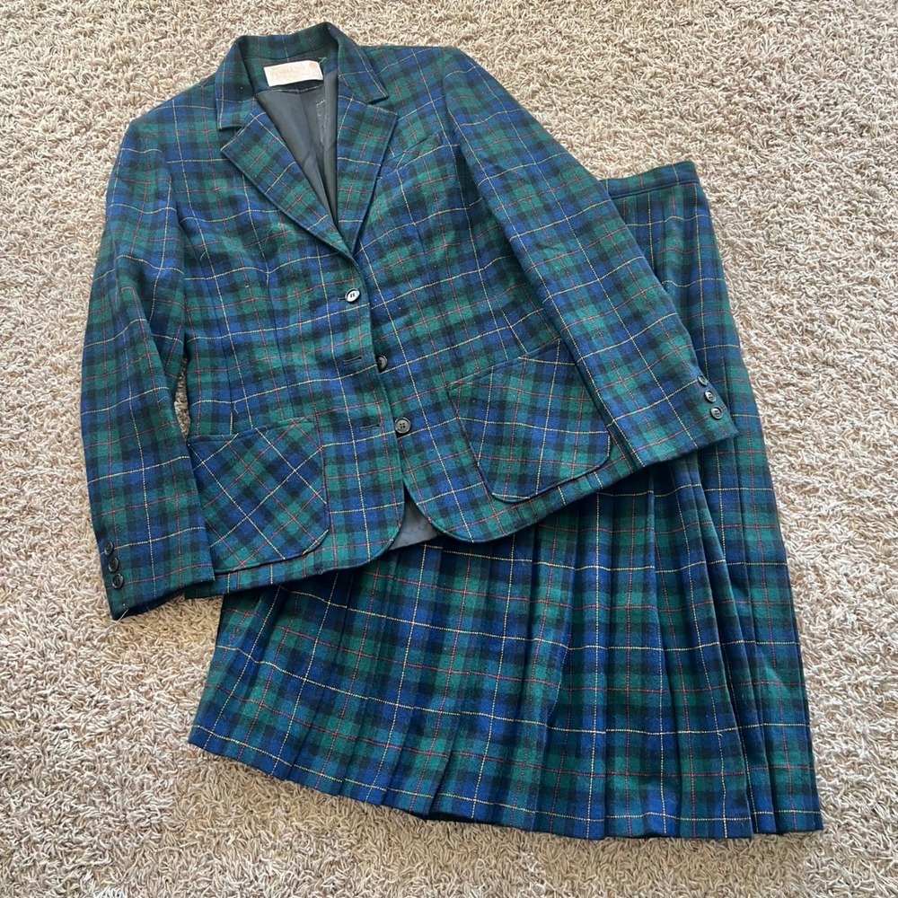 Vintage Pendleton Wool Skirt Suit Set Blue Green Tartan Plaid Blazer Pleated 10